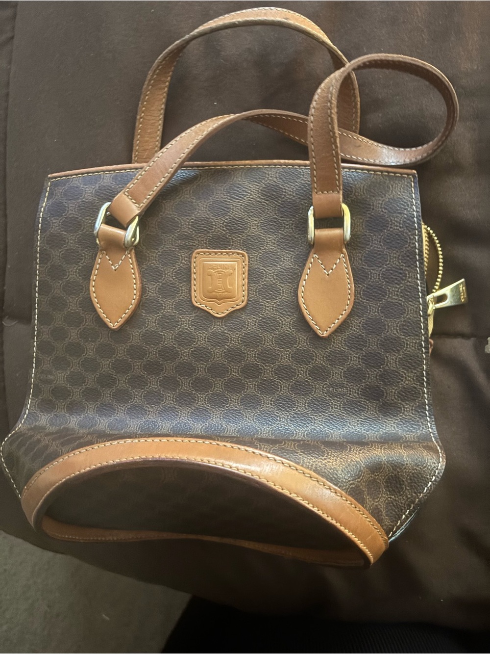 Celine Brown and Tan Coated Canvas Satchel